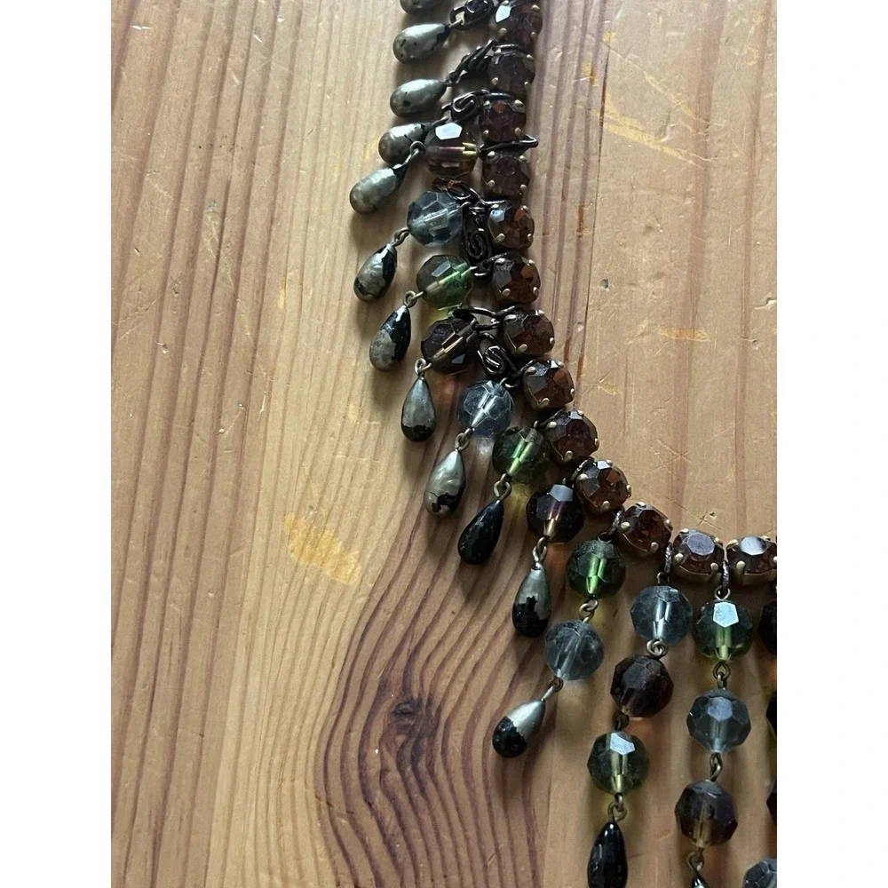 Vintage Beaded Bib Statement Necklace Green Brown Black Adjustable Fringe Boho